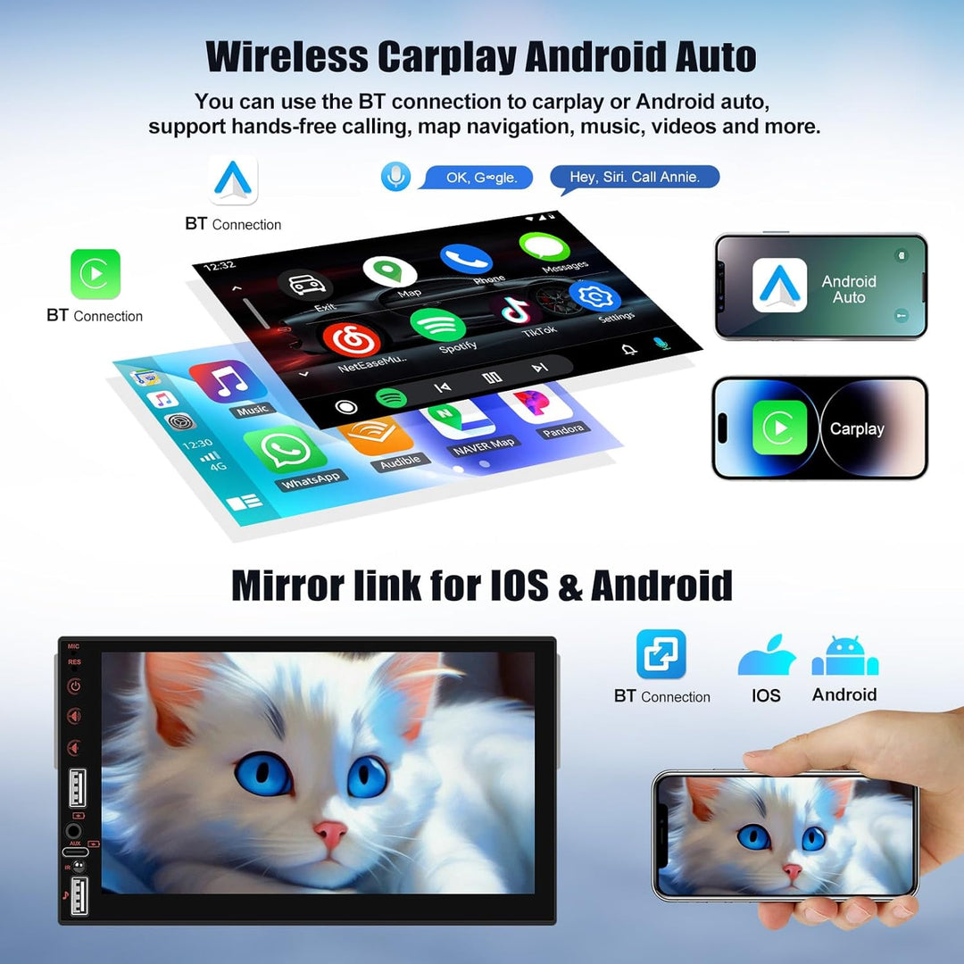 CAMECHO Autoradio 1 Din Wireless Carplay Android Auto Bluetooth Radio mit 7 Zoll LED Touchscreen mit