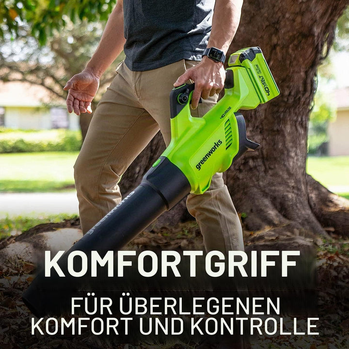 Greenworks GD40ABK2X Axial Akku Laubbläser mit bürstenlosem Motor, 210 km/h, 15,6 m³/min, zwei 40V 2