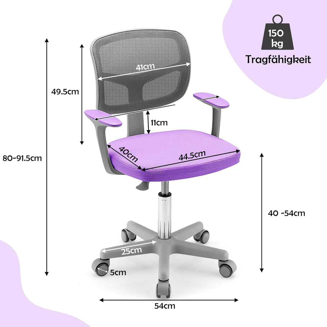 COSTWAY 360° Drehbarer Kinderschreibtischstuhl, 80-91,5 cm Höhenverstellbarer Jungendstuhl mit Rücke
