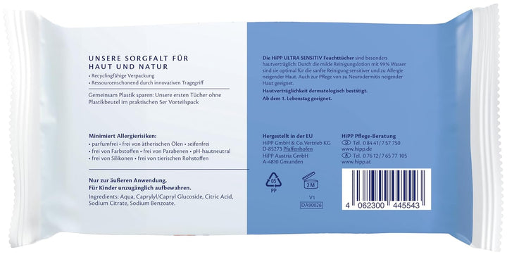 HiPP Babysanft Baby Feuchttücher Ultra Sensitiv, 720 Stück (3 x 240), mit 99% Wasser, ohne Parfum &