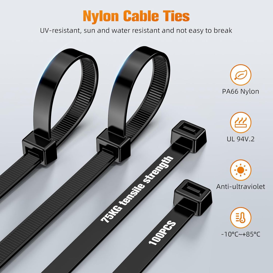 NORSHY Kabelbinder Schwarz Wiederverschliessbar 500 mm x 7,6 mm, Cable Ties UV-Beständig 75KG Ultra