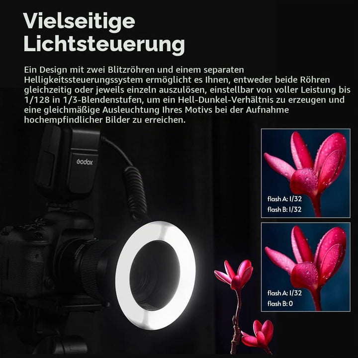 Godox MF-R76 Macro Ring Blitzlicht GN14 10 Stufen einstellbare Helligkeit mit 8 Stück Adapterring Gr