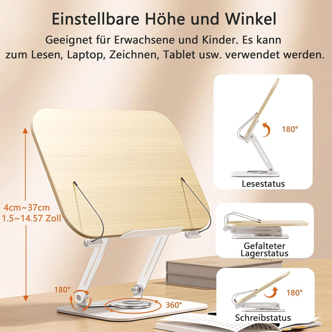 POLESTO Buchständer zum Lesen, Verstellbarer Buchhalter mit 360° Drehfuss, Faltbarer Kochbuchständer