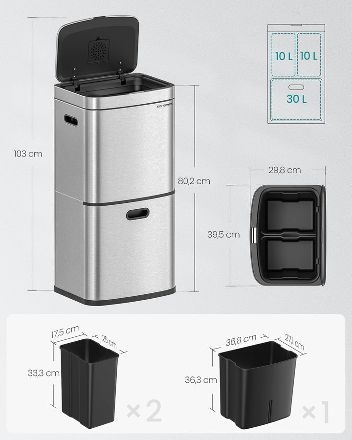 SONGMICS Mülleimer Küche, Mülltrennsystem 3 Fächer, 2 x 10 L und 30 L, Abfalleimer aus Stahl, platzs