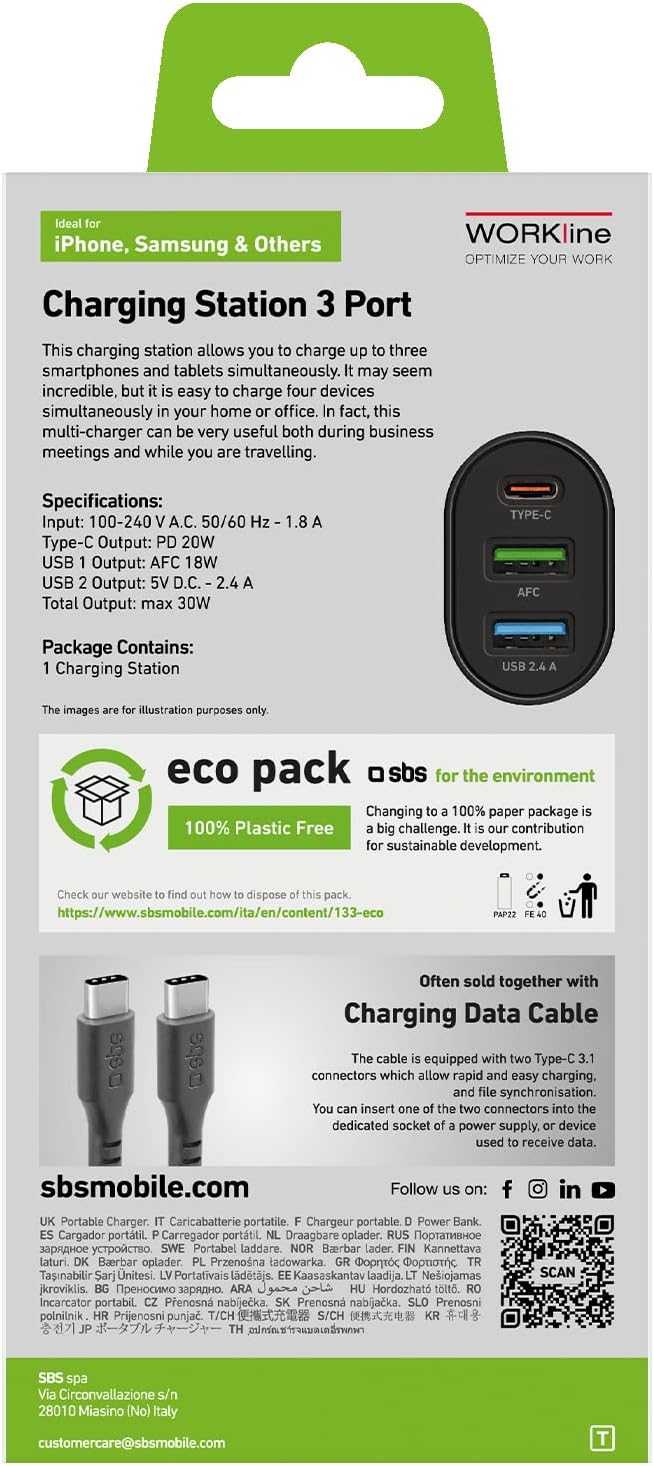 SBS 30W Multi-USB-Ladegerät, Ladegerät mit USB C Power Delivery und 2 USB A, Ladegerät für iPhone, S