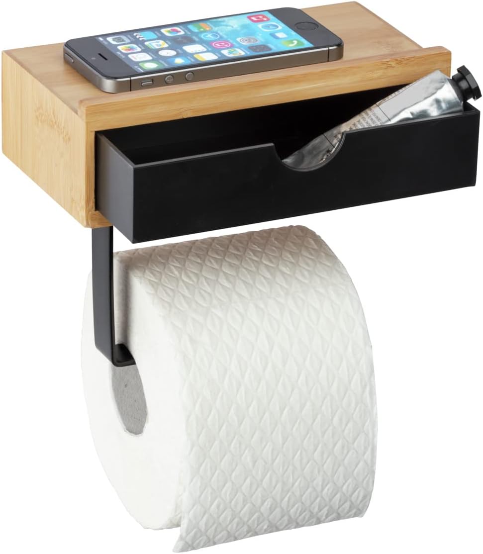 WENKO Toilettenpapierhalter Mod. Bambusa mit Ablage aus Bambus und Schublade, inkl. Befestigungsmate