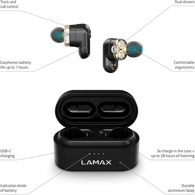 Lamax Duals1 Bluetooth Kopfhörer 5.0 USB-C, In Ear Kopfhörer mit Dual-Treiber, Bis zu 28 Stunden Hör