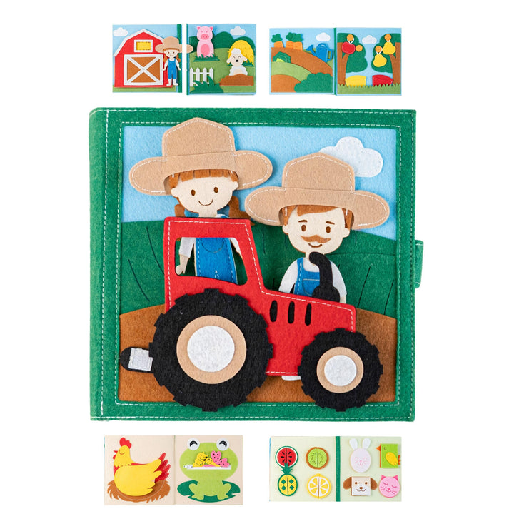Quiet Book Bauernhof (2 Figuren) – Handgefertigtes Filz-Aktivitätsbuch mit Tier-Fingerpuppen & Trakt