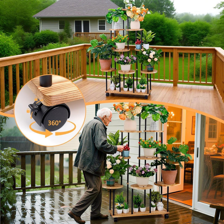 Blumenständer mit Rollen 9 Etagen Pflanzenregal Holz Pflanzentreppe Hoch Blumentreppen Metall Blumen