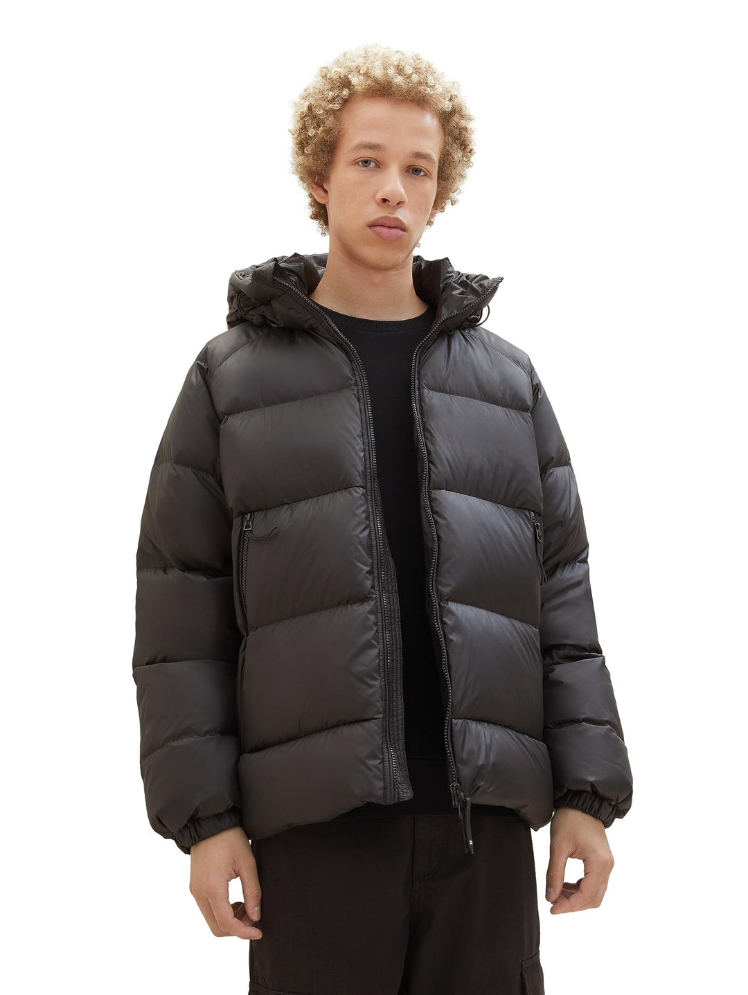Tom Tailor Denim Herren Relaxed Fit Recycled Down Puffer-Jacke mit Kapuze 1037392 M 29999-black, M 2