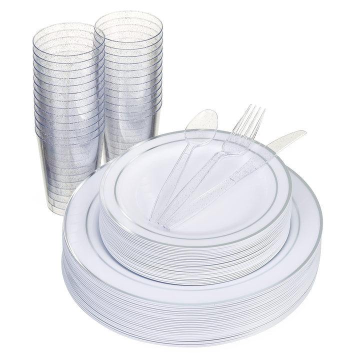 MATANA 150 Stück Mehrweg Partygeschirr Set in Weiss & Silber - Wiederverwendbar - 25 Plastikteller 2