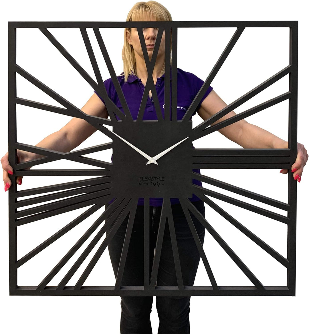 FLEXISTYLE Gross EKO wanduhr quadratisch XXL ohne tickgeräusche LOFT Grande Schwarz Quadrat 80cm! (D