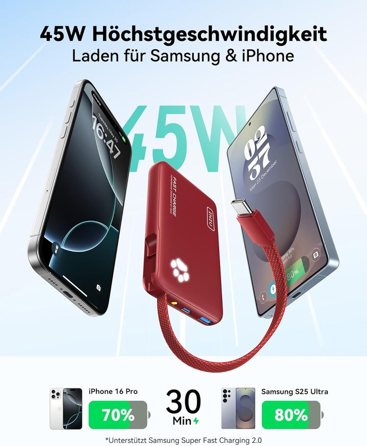 INIU 45W Power Bank, Mini-Grösse 10000mAh PowerBank mit Integriertem USB-C Kabel, Schnellladen Exter