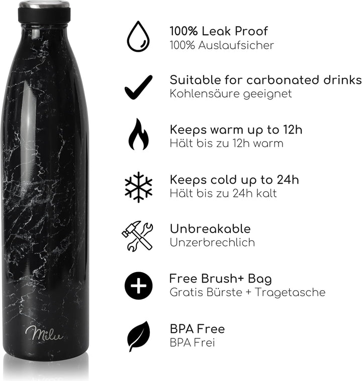 Milu Edelstahl Trinkflasche 350ml 500ml 750ml 1L, 1,5L Thermosflasche, Isolierte Wasserflasche, Ausl
