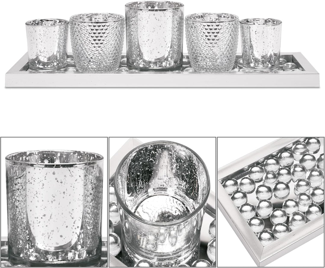 Toptime Teelichthalter Set, 5 Stück Kerzenhalter Glas mit Tablett und Glasstein, Romantische Silbern