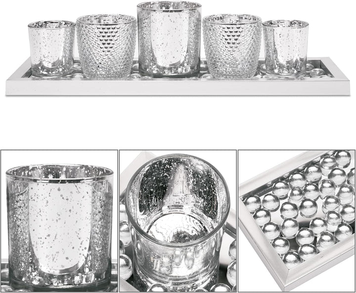 Toptime Teelichthalter Set, 5 Stück Kerzenhalter Glas mit Tablett und Glasstein, Romantische Silbern