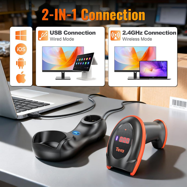 Tera Barcode-Scanner Bildsensor 2D 1D QR Wireless 2,4 GHz mit Ladestation USB-Kabel Digitaler-Bildsc