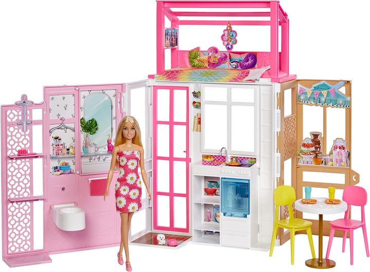 Barbie HCD48 - Puppenhaus-Spielset mit Puppe & Haus mit 2 Ebenen & 4 Spielbereichen, komplett einger