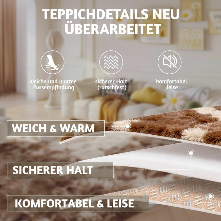 Teppich Schlafzimmer 160x230 cm Braun Hochflor-TeppicheWohnzimmer rutschfest Waschbarer Deko Langflo