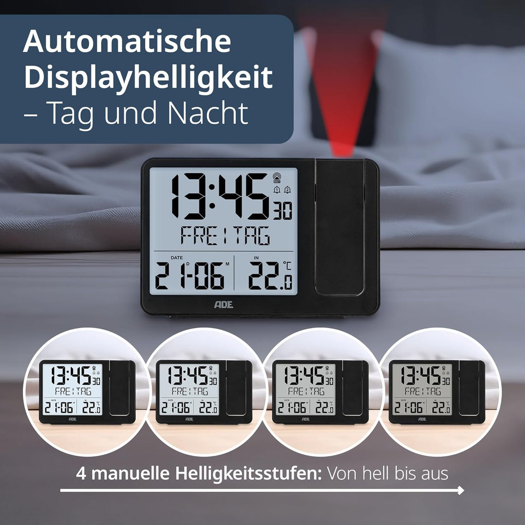 ADE Digitaler Funkwecker mit Projektion und Aussensensor | Projektionswecker mit 2 Weckzeiten| Uhr m