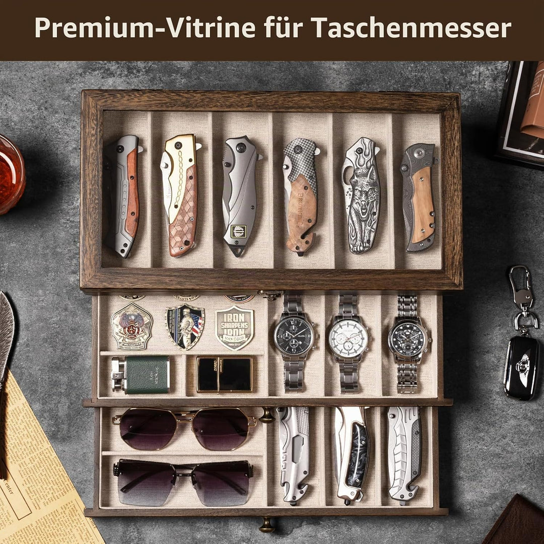 Messerhalter, 3-stöckige Messerständer, Messer-Vitrine für Messersammlungen mit transparentem Deckel