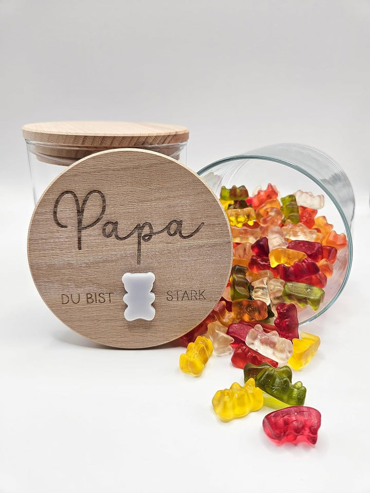 Generisch Personalisiertes Vorratsglas mit Holzdeckel, Papa Du Bist Stark Gravur, 530ml, mit 3D Acry