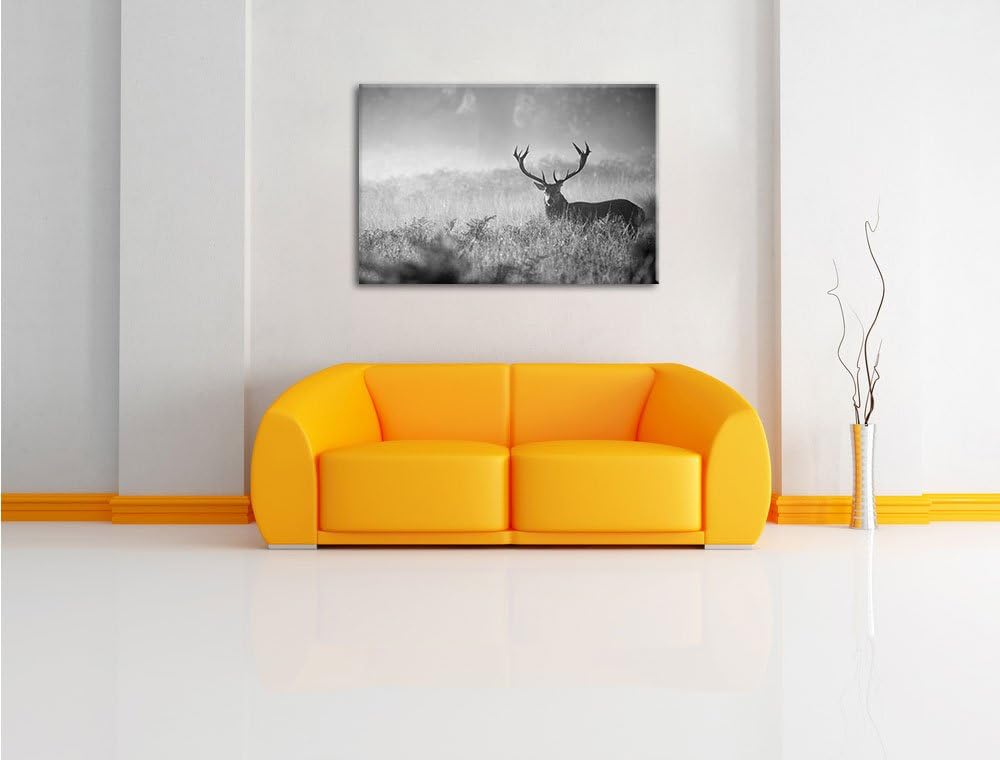 Pixxprint Rotwild Hirsch im Nebel Kunst B&W als Leinwandbild/Grösse: 100x70 cm/Wandbild/Kunstdruck/f