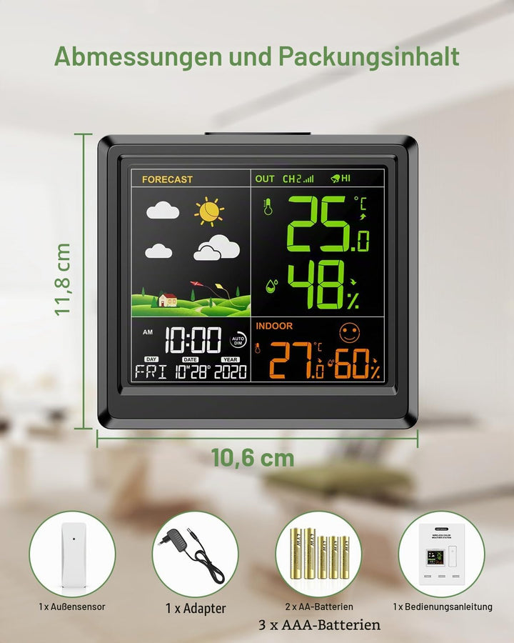 Wetterstation funk mit Aussensensor, kabellos, Anzeige von Temperatur und Luftfeuchtigkeit, mit 3 He
