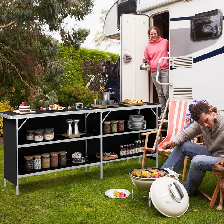 KOMFOTTEU Campingküche mit 3 Ebenen Stauraum, Campingschrank Klappbar mit Tragetasche, Picknicktisch