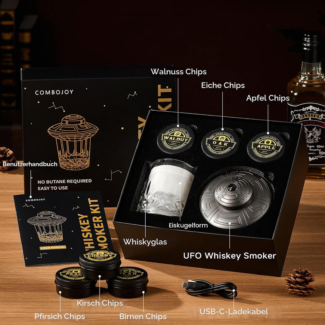 ComboJoy Elektrisches Whisky-Räucherkit mit LED, 6 Aromaholzspäne, Whisky-Glas & Eisform, wiederaufl