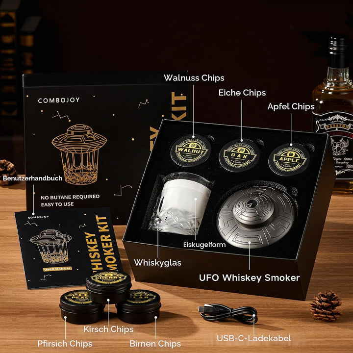 ComboJoy Elektrisches Whisky-Räucherkit mit LED, 6 Aromaholzspäne, Whisky-Glas & Eisform, wiederaufl