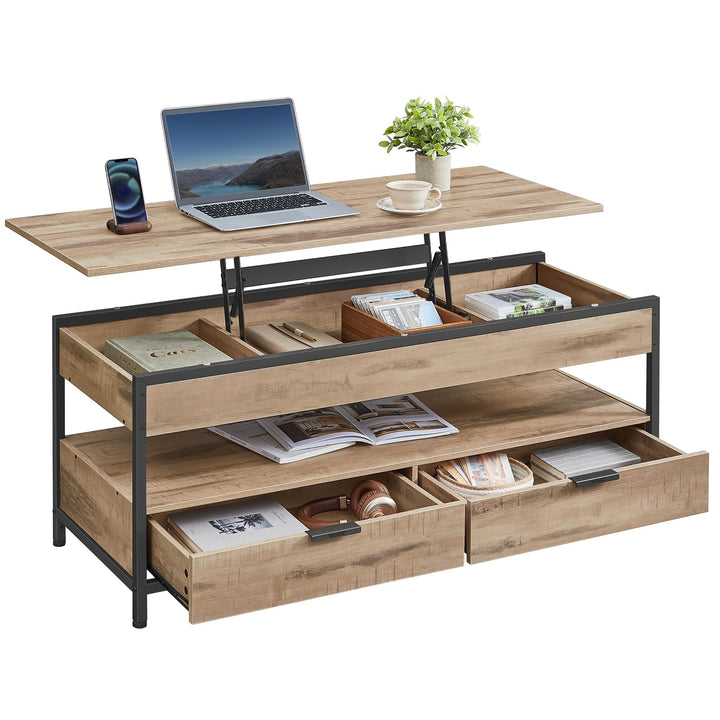 VASAGLE Couchtisch, höhenverstellbarer Wohnzimmertisch, Kaffeetisch, mit Schubladen, offenes Fach, 5