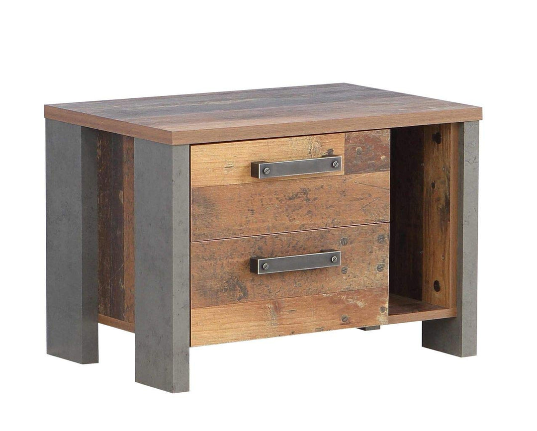 FORTE Clif Nachttisch mit 2 Schubladen, Holzwerkstoff, Old – Wood Vintage/ Betonoptik Dunkelgrau, 62