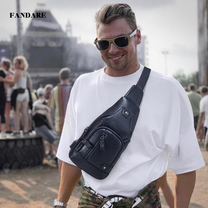 FANDARE Leder Brusttasche Sling Rucksack Sling Chest Bag für Herren Schultertasche Schulterrucksack