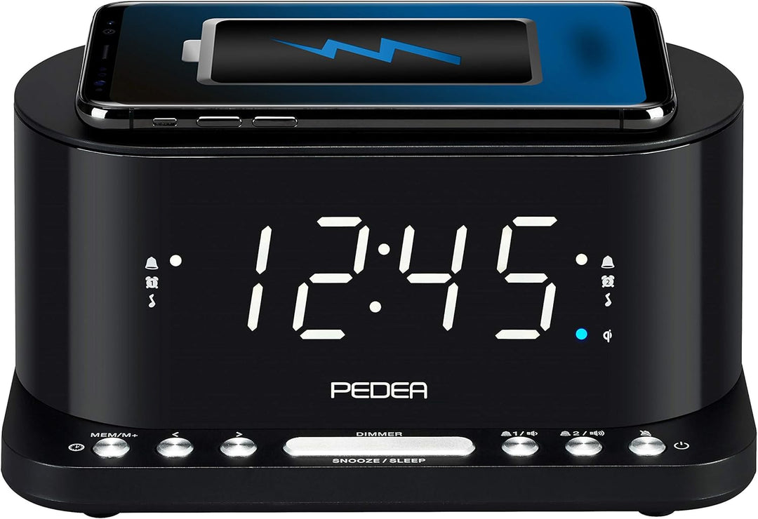 PEDEA FM Radiowecker mit induktiver QI-Ladefunktion und dimmbarem Display, Snooze, Dual Alarm und Sl