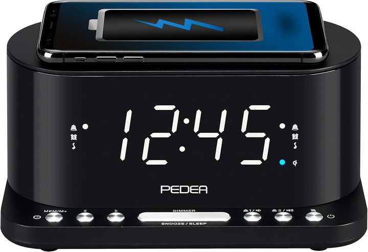PEDEA FM Radiowecker mit induktiver QI-Ladefunktion und dimmbarem Display, Snooze, Dual Alarm und Sl