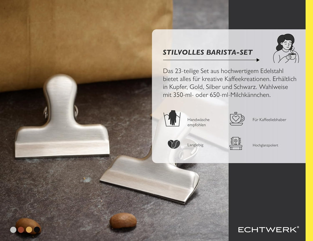 Echtwerk Kaffeezubehör-Set, 23-tlg, Milchschaumkännchen 350 ml, Kakaostreuer, 4x Espresso-, 4x Cappu
