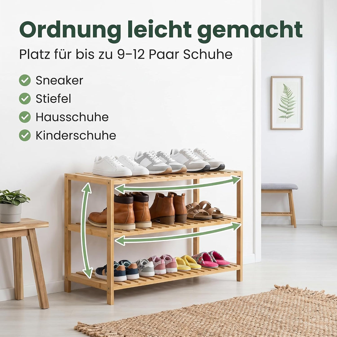 hausleben Bambus Schuhregal, 3 Ebenen, 70x28x50 cm, Naturholz Standregal | Umweltfreundlich &amp; Stabil