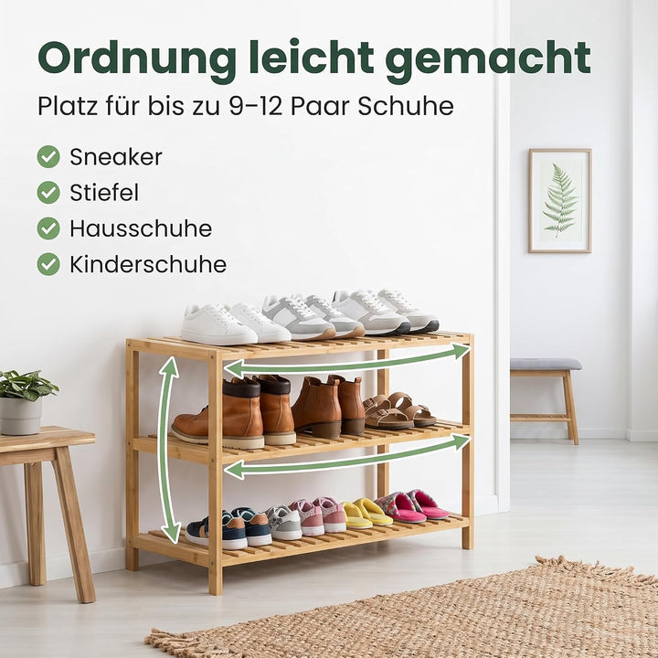 hausleben Bambus Schuhregal, 3 Ebenen, 70x28x50 cm, Naturholz Standregal | Umweltfreundlich &amp; Stabil
