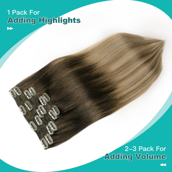 SURNEL Clip in Haarverlängerungen Ombré Walnuss Braun bis Ash Braun und Bleach Blonde 50cm 120g 7 St