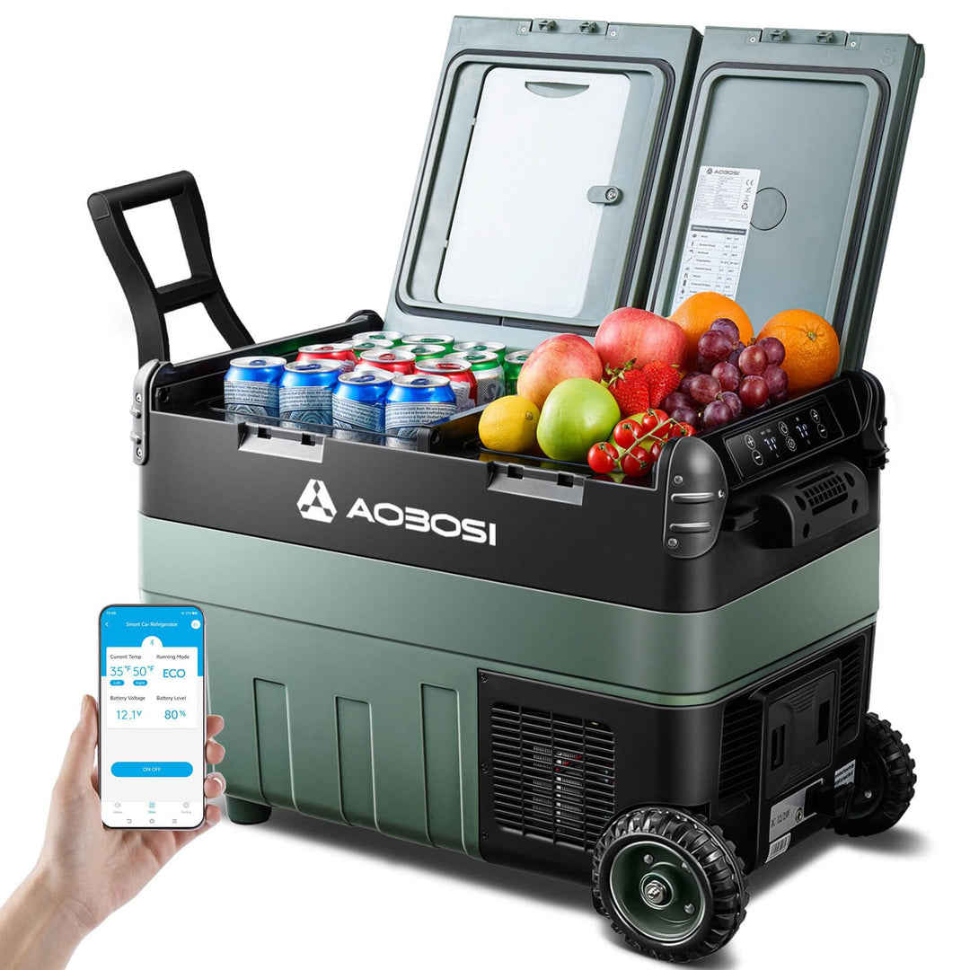 AAOBOSI 40L Kompressor Kühlbox, Dual Zone, Camping Kühlschrank mit APP | LED-Beleuchtung,12/24V und