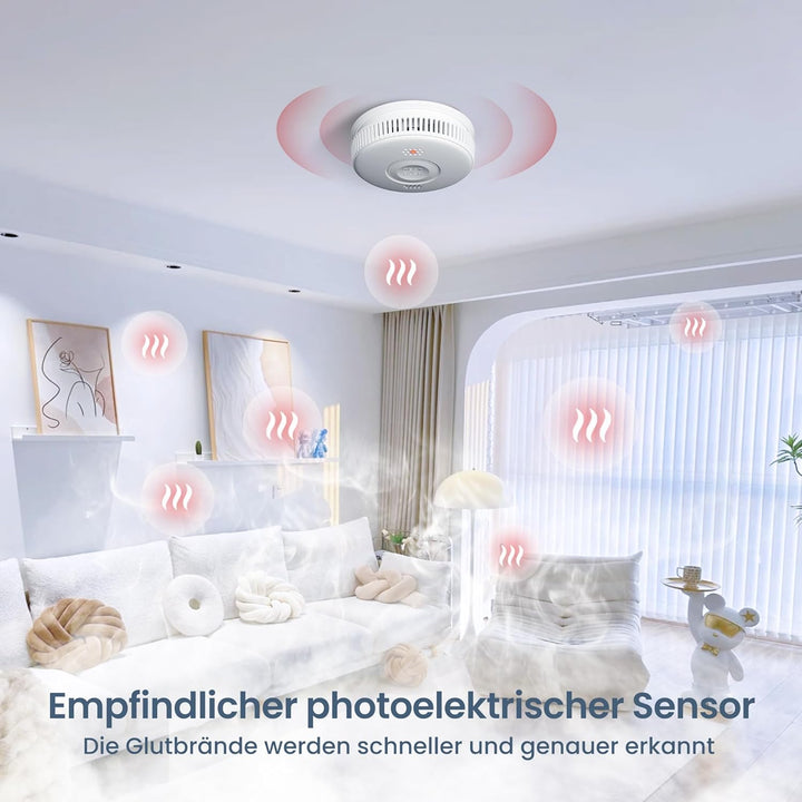 Rauchmelder 10 Jahre Batterie, TÜV Rheinland Zertifizierter Photoelektrischer Rauchwarnmelder mit Kl
