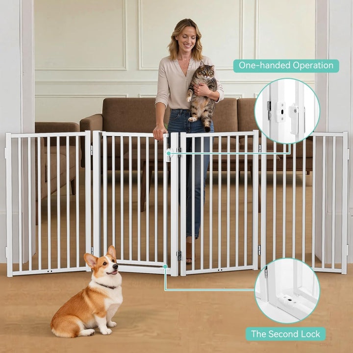 COMOMY Metall Hundegitter Freistehend mit Tür, 203cm Extra Breit Absperrgitter Hund Wohnung, 81cm Ho