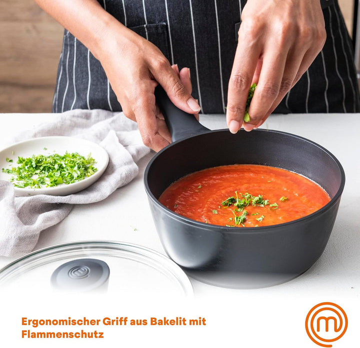 MasterChef Kochtopf mit Glasdeckel, 20cm Induktionskochtöpfe, Nudeltopf, Suppentopf, Schwarz Alumini