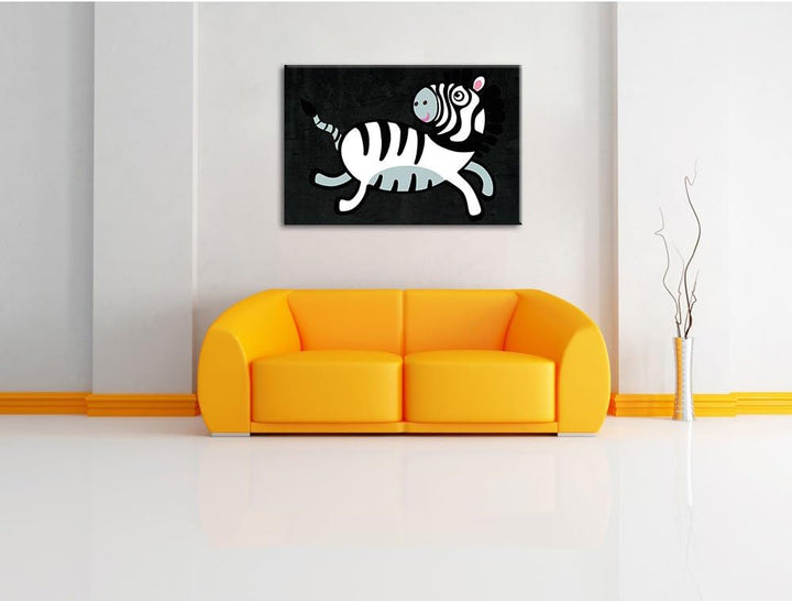 Niedliches Zebra schwarz, Format: 100x70 auf Leinwand, XXL riesige Bilder fertig gerahmt mit Keilrah