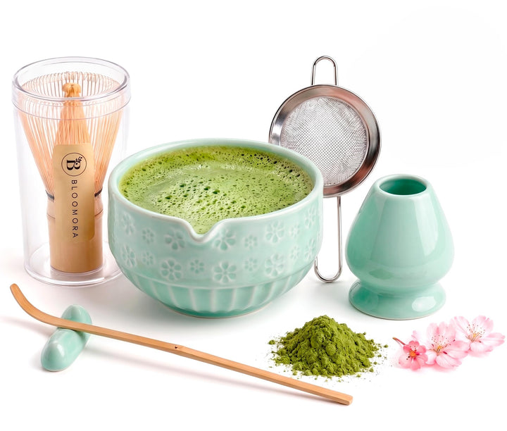 Matcha Set, Keramik Matcha Tee Set Mit Schale, Bambusbesen, Löffel, Sieb, Löffelablage, Besenhalter,