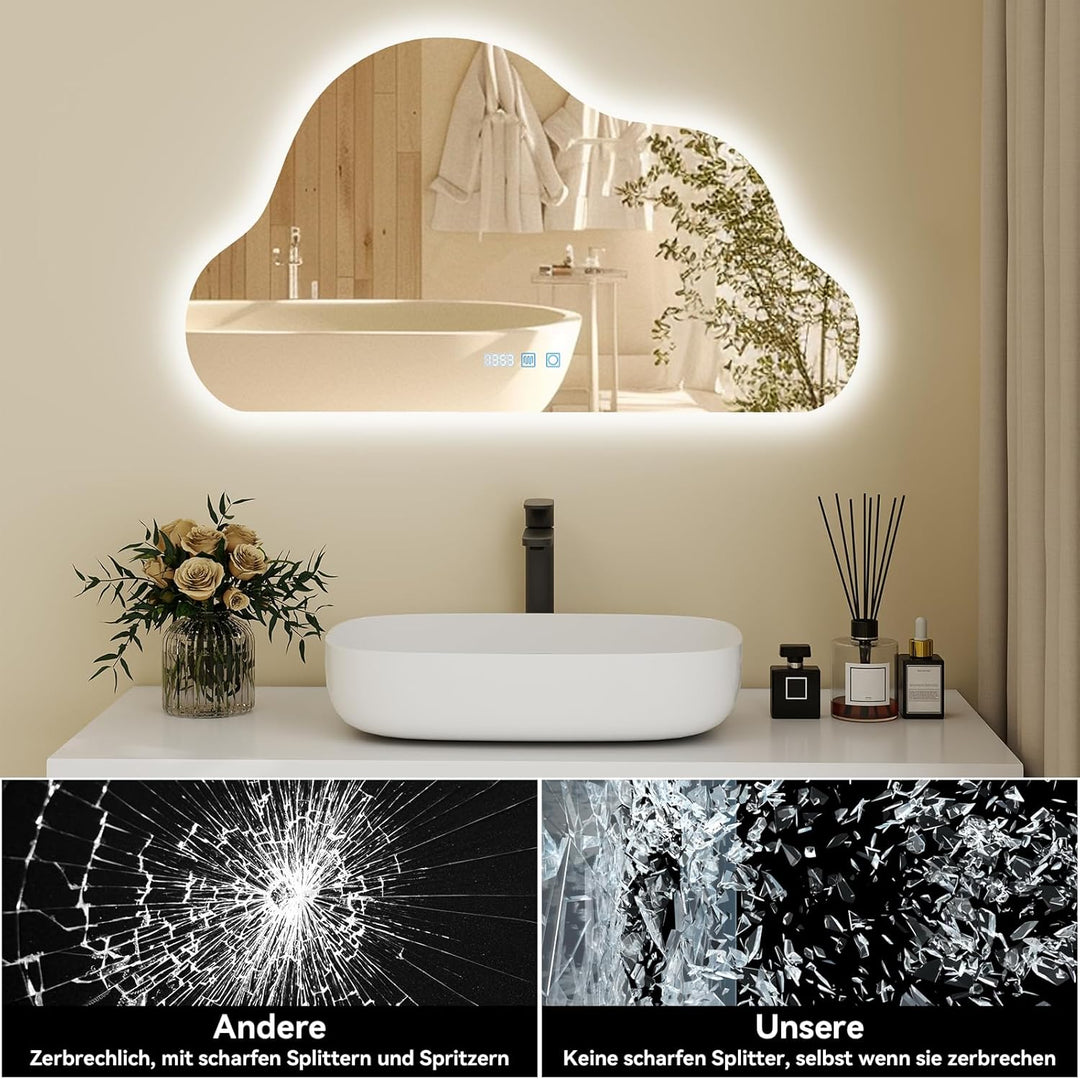 YU YUSING Badezimmerspiegel Led Badspiegel mit Beleuchtung in Wolkenform 90 x 50 cm, 3 Lichtfarbe Ei