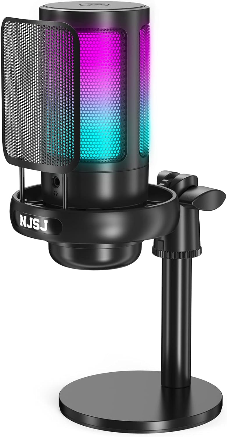 NJSJ Mikrofone PC, Gaming Microphone for PS4 PS5, RGB USB C Podcast Mikrofone with Mute Button, Trip
