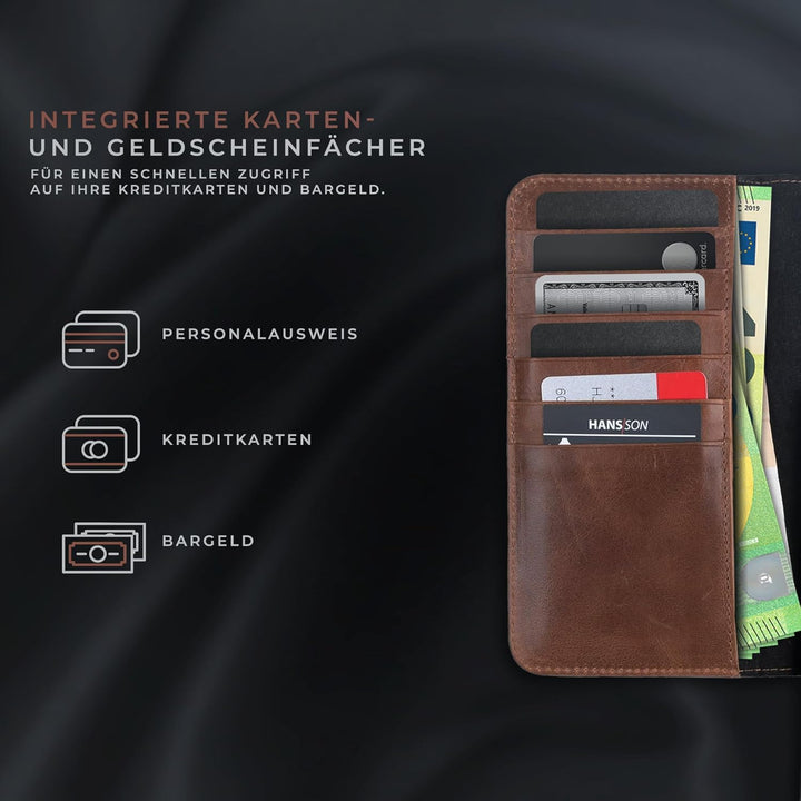 HANS/SON Lederhülle mit Kartenfächern | iPhone 14 | Echtleder | 6,1 Zoll | Schmal | Klapphülle | Sto