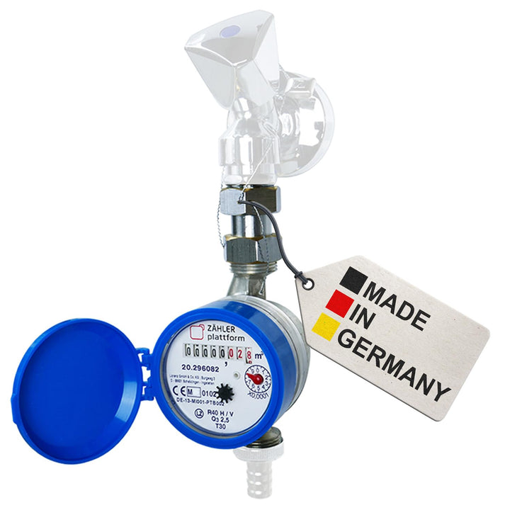 ZÄHLER plattform Zapfhahn Wasserzähler Set Durchfluss Qn 1,5, Kaltwasser, BL 110 mm Eichung 2023 3/4